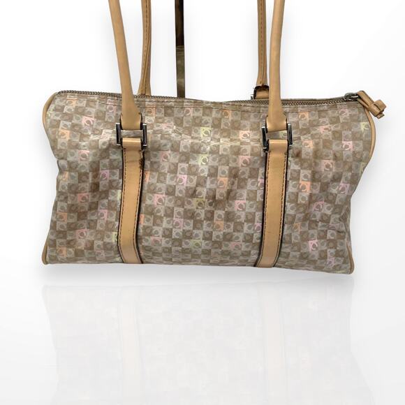 00s Y2k LIZ CLAIBORNE Vintage Tan Cream Monogram Barrel Shoulder Bag - Picture 3 of 11